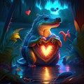 American Alligator hugging heart Crocodile with heart in the jungle. 3d illustration Generative AI animal ai