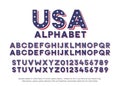 American alphabet with usa flag colors and star shapes. Vector font for united states of america related concept