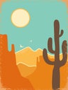 American Arizona desert vintage poster on old paper texture. Vector desert landscape illustration with cactuses, mountains and sun