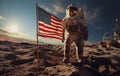 An American astronaut with an American flag on the surface of the moon against a background of stars and outer space Royalty Free Stock Photo