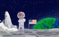 American astronaut standing on the moon alongside the USA flag with a rocket in the background. Earth rising in the