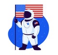 American astronaut stands with American flag in a new space suit ready to launch - vector Royalty Free Stock Photo