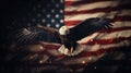 American Bald Eagle flying on the USA flag background