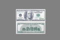 Front and back side of one hundred US dollar banknote with portrait of american president benjamin franklin on isolated gray backg