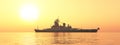 American battleship of World War II at sunset