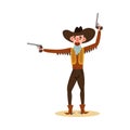 American cowboy standing and holding up one pistol and second to the side. Vector illustration in flat cartoon style Royalty Free Stock Photo