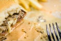 american beef hamburger with cheese and french fries at beautiful fast food and cafe bistro.delicious low price hamburger in Royalty Free Stock Photo