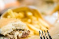 american beef hamburger with cheese and french fries at beautiful fast food and cafe bistro.delicious low price hamburger in Royalty Free Stock Photo