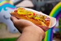 American 100% pure beef hot dog with toppings Royalty Free Stock Photo