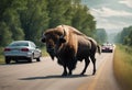 An American Bison crossing a highway with several cars and a large truck driving past