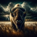 American bison stands on plains with brewing storm behind Royalty Free Stock Photo