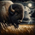 American bison stands on plains with brewing storm behind Royalty Free Stock Photo