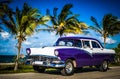 American blue white Ford Fairlane classic car parked on the Malecon near the beach in Havana Cuba - Serie Cuba Reportage Royalty Free Stock Photo