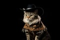 American Bobtail Cat Dressed As A Cowboy On Black Background