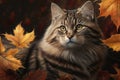 American Bobtail Cat, Portrait With Autumn Leaves. Generative AI