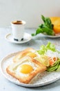 American breakfast on a plate with fried eggs in toast, with tomatoes, fresh daikon, carrots, arugula and espresso. Fried egg