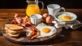 American breakfast with sunny side up eggs, bacon, toast, pancakes, coffee and juice, wood background. Generative AI Royalty Free Stock Photo