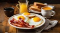 American breakfast with sunny side up eggs, bacon, toast, pancakes, coffee and juice, wood background. Generative AI Royalty Free Stock Photo