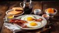 American breakfast with sunny side up eggs, bacon, toast, pancakes, coffee and juice, wood background. Generative AI Royalty Free Stock Photo