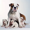 American bulldog dog with puppies close up portrait isolated on white background. Brave pet, loyal friend, Royalty Free Stock Photo