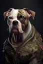 American Bulldog dog wearing military army uniform, service dog, creative headshot portrait. Generative AI