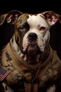 American Bulldog dog wearing military army uniform, service dog, creative headshot portrait. Generative AI