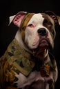 American Bulldog dog wearing military army uniform, service dog, creative headshot portrait. Generative AI