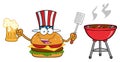 American Burger Cartoon Mascot Character Holding A Beer And Bbq Slotted Spatula By A Grill