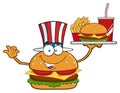 American Burger Cartoon Mascot Character Holding A Platter With Burger, French Fries And A Soda