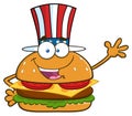 American Burger Cartoon Mascot Character With Patriotic Hat Waving For Greeting Royalty Free Stock Photo