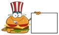 American Burger Cartoon Mascot Character Pointing To A Blank Sign Banner