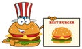 American Burger Cartoon Mascot Character Pointing To A Sign Banner With Text Best Burger