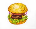 American burger sandwich with meat, cheese, onion slices, tomato lettuce and tomato sauces, hand drawn watercolor sketch