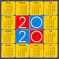 American calendar grid for 2020