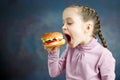 American calories fat meal Junk food, Little Girl enjoy eating hamburgers fast food burger unhealthy