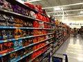 American candy sweets chocolate displayed at shelves of a Walmart in Orlando Florida in warm lighting