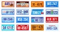 American car number plate vector illustration set, cartoon flat retro metal vehicle registration numberplate sign Royalty Free Stock Photo