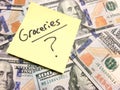 American cash money and yellow post it note with text Groceries question mark Royalty Free Stock Photo