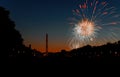 American Celebration Washington Monument at night with holiday festive 4th July fireworks Royalty Free Stock Photo