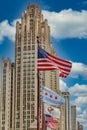 American and Chicago Flags by Chicago Tower Royalty Free Stock Photo