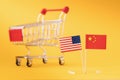 American and Chinese flags on the background of an empty grocery cart, the concept of trade between countries Royalty Free Stock Photo