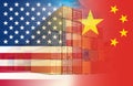 The American and Chinese flags imposed over containers representing trade between the two countries