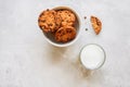 American chocolate chip cookies in a white bowl glass oof milk o Royalty Free Stock Photo