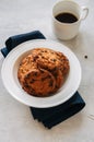 American chocolate chip cookies in a white plate cup of coffee Royalty Free Stock Photo