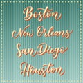 American city vector lettering. Typography, USA - Boston, New Orleans, San Diego, Houston on retro striped blue background. USA ci Royalty Free Stock Photo