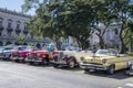 Colorful American classic cars standing in line, Havana, Cuba Royalty Free Stock Photo