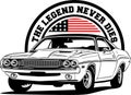 AMERICAN CLASSIC AND MUSCLE CARS LOGO DODGE CHALLENGER WITH AMERICAN FLAG Royalty Free Stock Photo