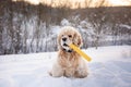 Dog sits in a snowdrift with stick in mouth