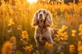 American cocker spaniel dog sitting in meadow field surrounded by vibrant wildflowers and grass on sunny day AI Generated Royalty Free Stock Photo