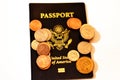 American coins change on the United States of American passport, passports are issued to the American citizens and nationals, Royalty Free Stock Photo